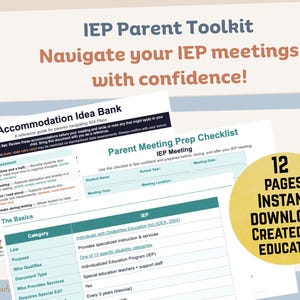 Może przedstawiać: Zestaw narzędzi dla rodziców IEP z tekstem "Nawiguj po spotkaniach IEP z pewnością siebie!" jest wyświetlany. Obraz zawiera listy kontrolne, bank pomysłów i żółte koło z tekstem "12 STRON NATYCHMIASTOWEGO POBIERANIA UTWORZONE PRZEZ WYCHOWAWCĘ."