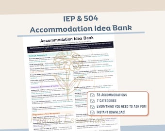 IEP 504 Accommodation Idea Bank | Parent Guide to School Accommodations | Printable & Editable