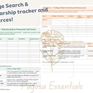 Puede incluir: Un rastreador imprimible de b&uacute;squeda de universidades y becas con recursos. El documento incluye secciones para una lista de deseos universitarios, notas de ayuda financiera y recursos de b&uacute;squeda de becas. El texto incluye "College Search & Scholarship tracker and resources!"