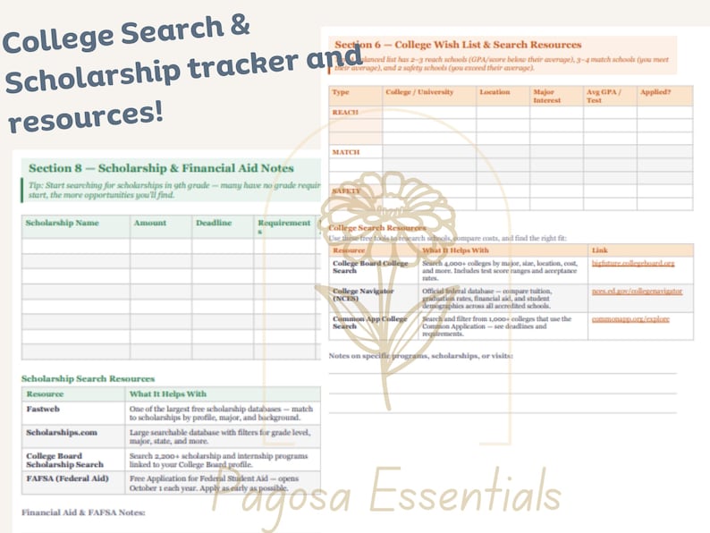 Puede incluir: Un rastreador imprimible de b&uacute;squeda de universidades y becas con recursos. El documento incluye secciones para una lista de deseos universitarios, notas de ayuda financiera y recursos de b&uacute;squeda de becas. El texto incluye "College Search & Scholarship tracker and resources!"