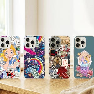 May include: Four phone cases with colorful designs. One case features Alice in Wonderland, another has a rainbow and the text "CAN YOU IMAGINE?", a third showcases a collage, and the last one depicts Alice with a teacup.