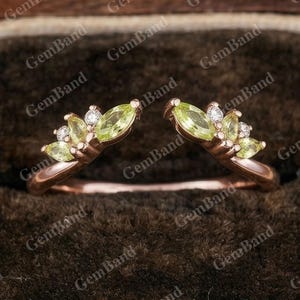 Marquise Peridot Wedding Band Green Peridot Open Gap Engagement Band Rose Gold Stack Matching Ring Bridal Anniversary Ring Enhancer for Her