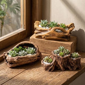 Resin Tree Stump Planter - Brown Log Succulent Pot, 8-Inch