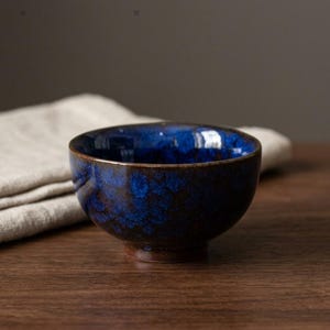 Midnight Blue Reactive Glaze Tea Cup, 80ml Gongfu Pottery Teacup, Deep Blue Chinese Tea Bowl, Handmade Style Tea Ware