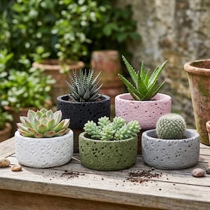 May include: Five small, round, porous planters in white, black, pink, green, and gray, each holding a different succulent or cactus plant. The planters have a textured, stone-like surface and are arranged on a wooden surface outdoors.