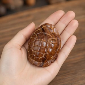 Puede incluir: Una talla de madera marrón pulida con forma de caparazón de tortuga. El objeto presenta un acabado liso y brillante con patrones de veta de madera oscura visibles y líneas profundamente incisas que definen las placas hexagonales.