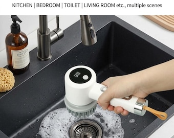 Elektrische afwasborstel - witte waterdichte keukenschrobber met 3 snelheden en 5 koppen