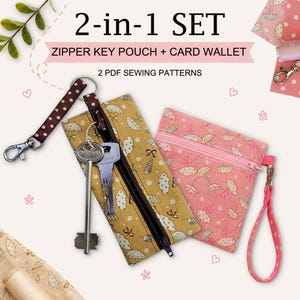 May include: A 2-in-1 set of sewing patterns for a zipper key pouch and card wallet. The image displays a mustard yellow pouch with an umbrella print and a pink pouch with a matching umbrella print, both featuring zippers and fabric wrist straps.