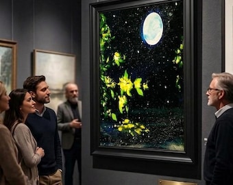 Pintura acrílica "Paisaje nocturno romántico en flor de medianoche con cielo estrellado" (PNG digital)