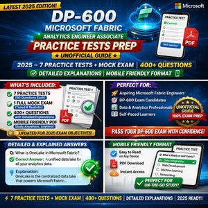 Peut inclure: Image promotionnelle pour l'examen DP-600 Microsoft Fabric Analytics Engineer Associate. L'image comprend le texte "Practice Tests Prep" et met en évidence des fonctionnalités telles que des tests pratiques, des examens simulés et des explications détaillées. L'image est conçue pour la préparation aux examens.