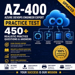 May include: A dark blue digital graphic for an AZ-400 Azure DevOps Engineer Expert practice test. It features a cloud icon with an infinity symbol, four square icons for CI/CD pipelines, source control, infrastructure as code, and monitoring.