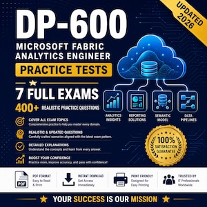 May include: A digital graphic for DP-600 Microsoft Fabric Analytics Engineer practice tests, featuring 7 full exams and 400+ questions. The design includes a blue cloud icon, data diagrams, a gold 100% satisfaction guarantee seal, and text.