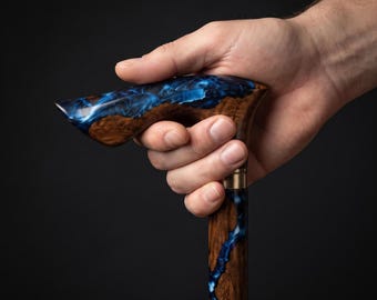 Handcrafted Rosewood Walking Stick – Blue Resin Handle, Elegant Cane for Men & Women