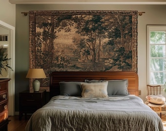 Sepia Forest Grove Landscape Tapestry Classic European Pastoral Scene | Rustic Heritage Baroque Verdure Woven Woodland Old World Wall Art