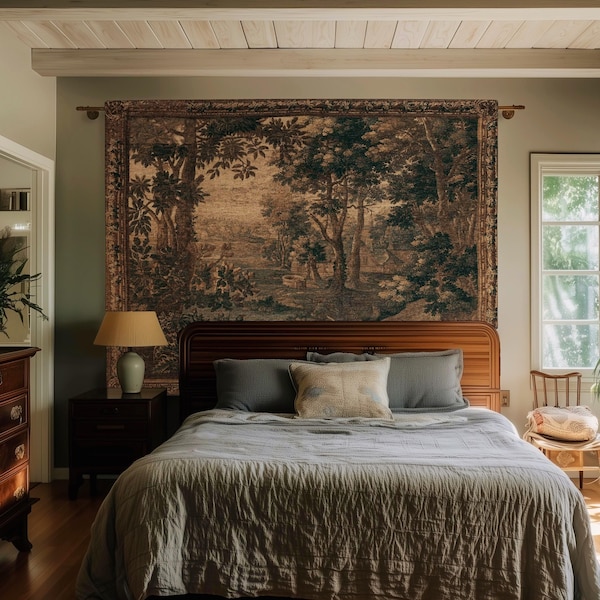 Sepia Forest Grove Landscape Tapestry Classic European Pastoral Scene | Rustic Heritage Baroque Verdure Woven Woodland Old World Wall Art