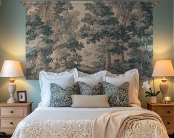 Muted Blue Woodland Landscape Tapestry Historic Forest Grove Scenic Woven Wall Art | English Country House Decor Verdure Style Serene Nature