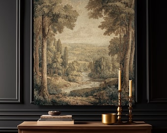 May include: A rectangular wall tapestry featuring a landscape scene of a forest with tall trees framing a distant valley and river. Below, a wooden dresser holds a stack of books, a small bowl, a gold bowl, and two gold candlesticks with candles.