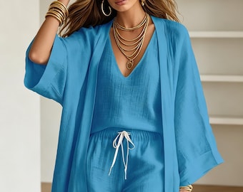 3-Piece Textured  Lounge Set, V-Neck Tank, Kimono, Shorts