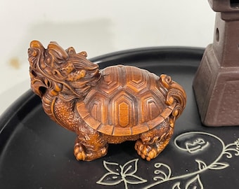 Estatua de tortuga dragón de la suerte Feng Shui tallada en madera natural estilo retro, figura de tortuga tibetana de la longevidad, escultura de bestia, decoración de mascotas de té.