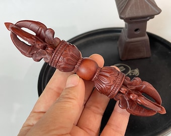 Wood Vajra Sculpture Tibetan Style Hand Carved Wooden Ritual Decor Meditation Altar Ornament Collectible.
