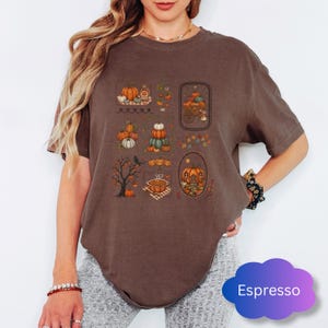 May include: A dark brown short-sleeve t-shirt featuring a graphic print of various autumn-themed illustrations including pumpkins, a pie, a tree, and a carriage. The design is arranged in a grid-like pattern with multiple small, detailed drawings.