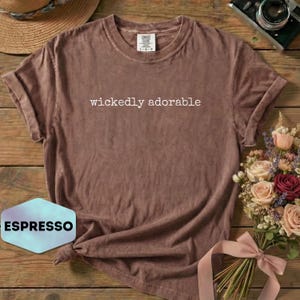 May include: A brown short-sleeve t-shirt with the text "wickedly adorable" printed in white across the chest. The shirt features a crew neckline and a label inside the collar that reads "Comfort Colors". The fabric has a washed, vintage appearance.