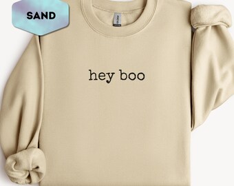 Hey Boo Sweatshirt, Cute Ghost Halloween Crewneck, Minimalist Spooky Season Pullover, Trick Or Treat Cozy Fall Gift Idea