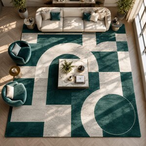 Mid century Geometric Area Rug, Emerald Green Ivory Abstract Arch Rug, Contemporary Living Room bedroom modern Rug 6x9ft 6x10ft 8x10ft rug