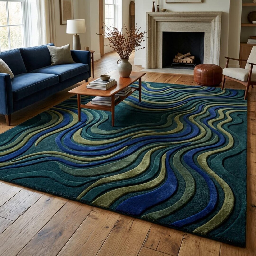 8x10 9x12 Abstract Wave Rug, Hand Tufted Wool Rug, Modern Blue Green ...