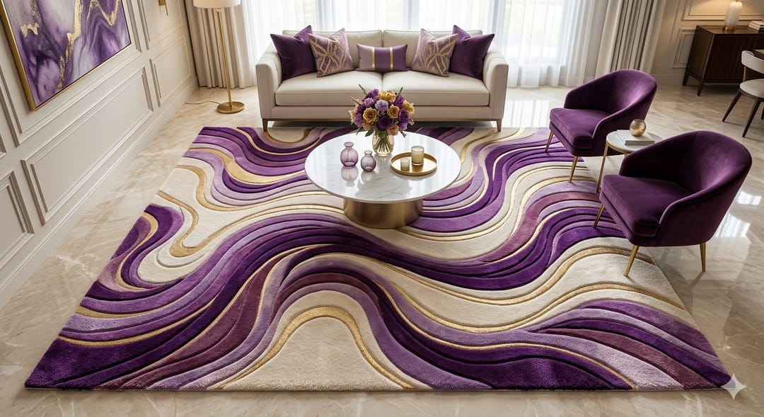 Fancy Purple Rug Luxury Purple Abstract Rug 9x12, Modern Wavy Area Rug, Plum Gold Cream ...