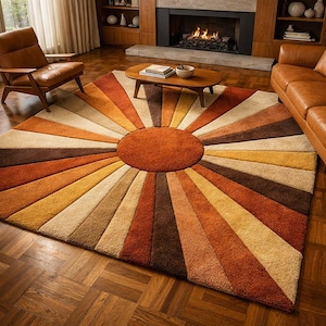 Mid Century Sunburst Wollteppich 150x150 Quadratischer Teppich | Retro-Radialmuster Teppich Gebrannte Orange Terrakotta Teppich Hand getuftet Wohnzimmer Teppich |