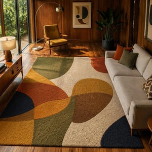 Op de afbeelding: Woonkamer met een groot vloerkleed met een geometrisch patroon in beige, oranje, groen en marineblauw. De kamer omvat een bank, een fauteuil en houten meubels, wat een warme en uitnodigende sfeer creëert.