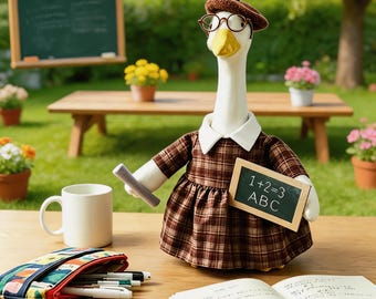 Ubrania dla nauczycieli w kratę w stylu vintage, kostium gęsi na werandzie (23 cale), dekoracja na powrót do szkoły z motywem jabłka, sukienka w kratę, beret, okulary, zestaw tablicowy