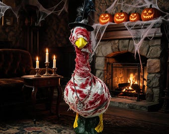 Strój gotyckiej gęsi z naszyjnikiem z czaszką i kapeluszem z piór, zrób to sam: halloweenowy strój mumii gęsi na werandę, 23-calowy prezent dekoracyjny w kształcie gęsi