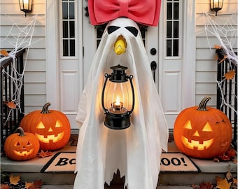 23-calowy kostium na Halloween z gęsią werandą, biały kostium ducha, różowa kokarda, latarnia LED, prezent na jesienną dekorację na zewnątrz