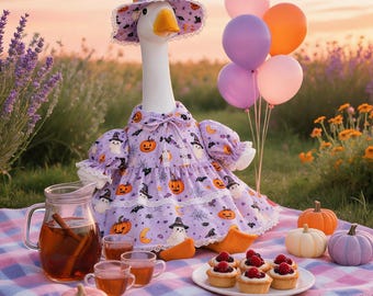 Urocze ubranie gęsi na Halloween, strój gęsi na werandzie, sukienka gęsi na trawniku 23" (61 cm), pastelowa, upiorna sukienka z koronki w dynię, jesienna sztuka ogrodowa na werandzie
