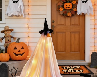 Strój ducha na werandę z gęsią na Halloween, gęś 23-calowa, biały pokrowiec na kostium ducha, sznur LED, prezent na jesienną dekorację na zewnątrz
