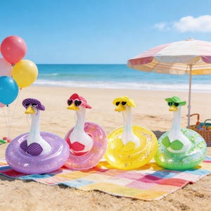 May include: Four inflatable swan pool floats on a sandy beach, each wearing sunglasses and a hat. The swans are in purple, pink, yellow, and green, with matching swimsuits. Balloons and a beach umbrella are in the background.