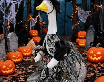 Czarna sukienka z pajęczyny, 23-calowy kostium czarownicy-gęsi na werandzie, strój czarownicy-miotły, upiorny strój gęsi na Halloween