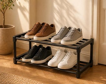 Zapatero de 2 niveles para recibidor, organizador de zapatos moderno, soporte de almacenamiento de estilo industrial personalizado, mueble para zapatos negro, regalo de inauguración de casa, uso doméstico