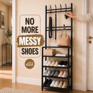 Könnte beinhalten: Ein schwarzes Schuhregal aus Metall mit mehreren Regalen, das verschiedene Schuhpaare enthält. Das Regal hat auch Haken zum Aufhängen von Gegenständen und ein Regal für eine Handtasche und eine Box. Der Text "NO MORE MESSY SHOES" ist zu sehen.