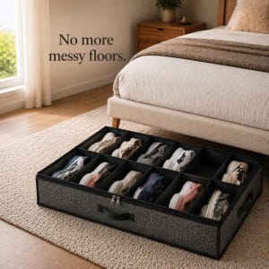 May include: A gray fabric shoe organizer with multiple compartments, filled with various shoes. The organizer sits on a beige carpet, with a bed in the background. Text on the image reads, "No more messy floors."