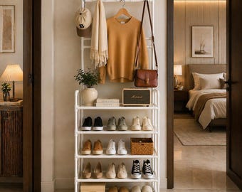 5-stufiges Schuhregal mit Kleiderhaken, schmaler Eingangsbereich, kleiner Schuhschrank, Flur-Schuhregal, vertikales Schuhregal