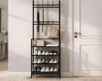 Hallway 4 Tier Shoe Rack with Hat Organizer Entryway Modern Shoe Storage Black Shoe Stand 2 Hat Levels Housewarming Gift