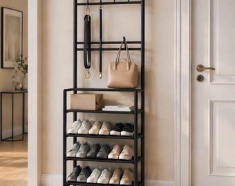 Hallway 4 Tier Shoe Rack with Hat Organizer Entryway Modern Shoe Storage Black Shoe Stand 2 Hat Levels Housewarming Gift