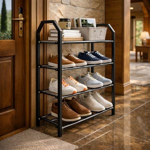 Könnte beinhalten: Ein schwarzes Schuhregal aus Metall mit vier Regalen, auf dem verschiedene Paare von Turnschuhen und Freizeitschuhen in Braun-, Weiß-, Blau- und Grautönen ausgestellt sind. Das Regal steht in der Nähe einer Holztür und einer Steinmauer.