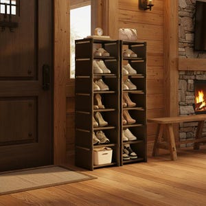 May include: Two dark brown shoe racks with multiple shelves, each holding various pairs of shoes. The shelves display sneakers, heels, and flats. A small white bin is placed on one of the lower shelves. The racks are in a room with wooden walls and flooring.