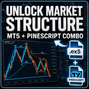May include: A digital graphic featuring the text UNLOCK MARKET STRUCTURE MT5 + PINESCRIPT COMBO. It displays a financial candlestick chart for XAUUSD with blue and orange trend lines, labels like HH, HL, LH, LL, and BOS, plus .ex5 and Pinescript icons.