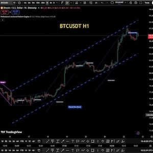 May include: A digital financial chart on a black background displaying the BTCUSDT H1 trading pair. The graph features green and red candlestick patterns, blue trend lines, and various labeled channel indicators tracking price movements over time.