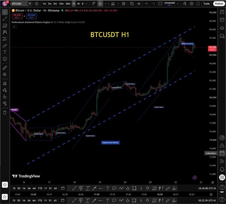 May include: A digital financial chart on a black background displaying the BTCUSDT H1 trading pair. The graph features green and red candlestick patterns, blue trend lines, and various labeled channel indicators tracking price movements over time.